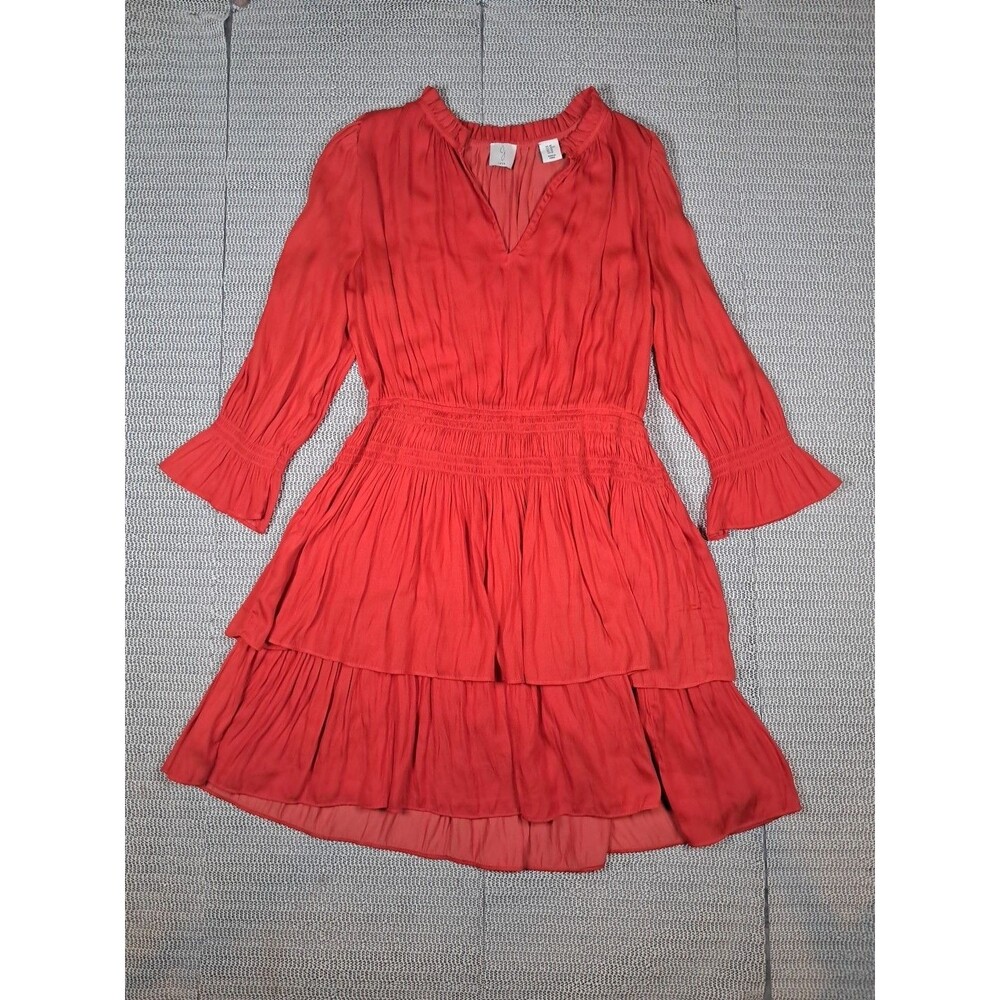 Joie Cayenne Poppy Red Orange Smocked Tiered Dress M READ